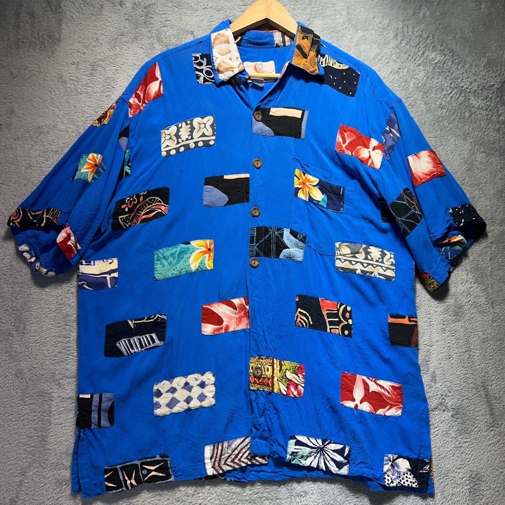 Pineapple Moon Mens Blue Tropical Patchwork Rayon Short Sleeve Button Up Shirt